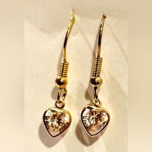 Gold and Cubic Zirconia Heart Earrings with Wires for Pierced Ears